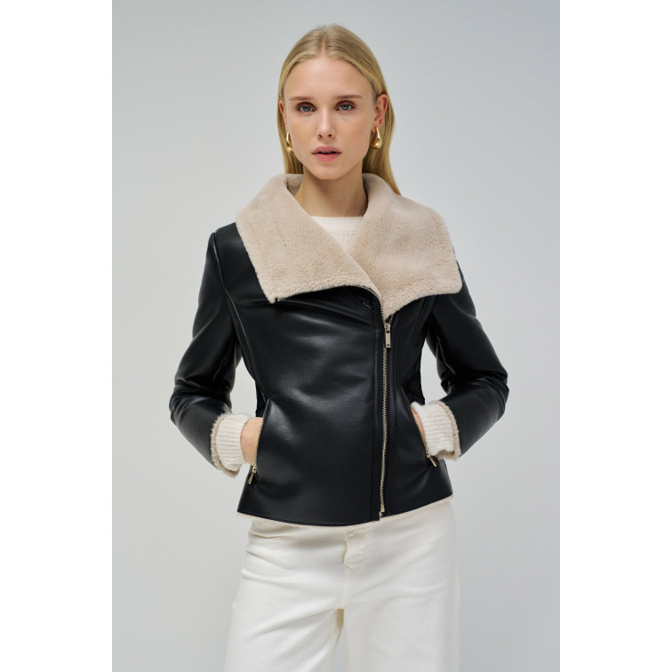 manteau femme  salsa jeans pu jacket with faux fur collar