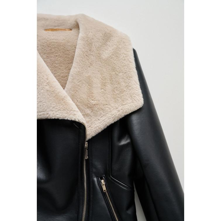 manteau femme  salsa jeans pu jacket with faux fur collar