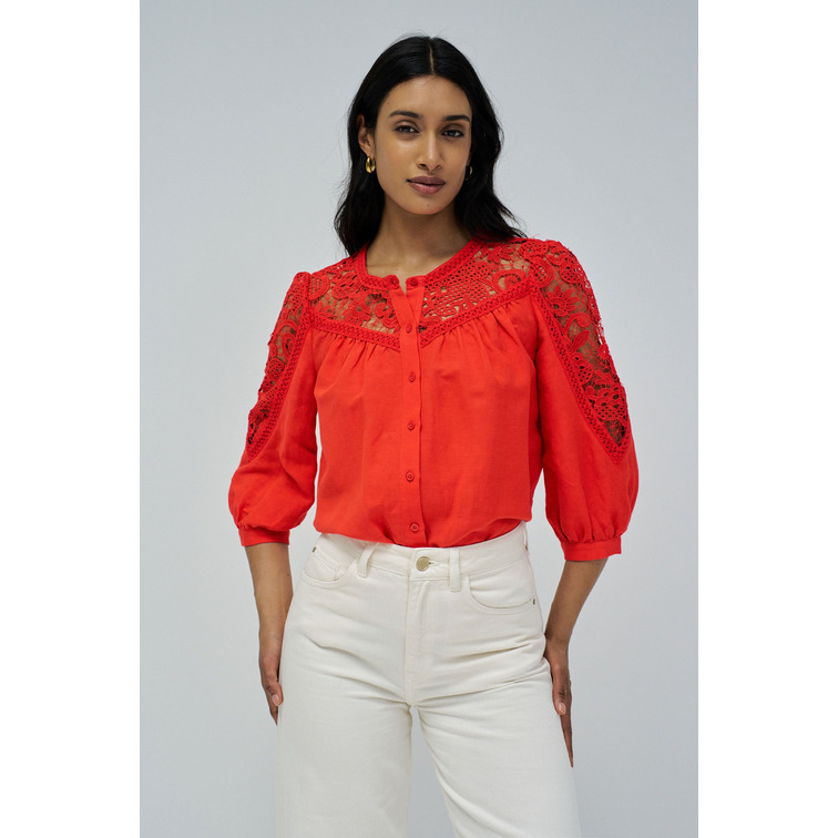 chemise femme  salsa jeans linen shirt with lace and ribb