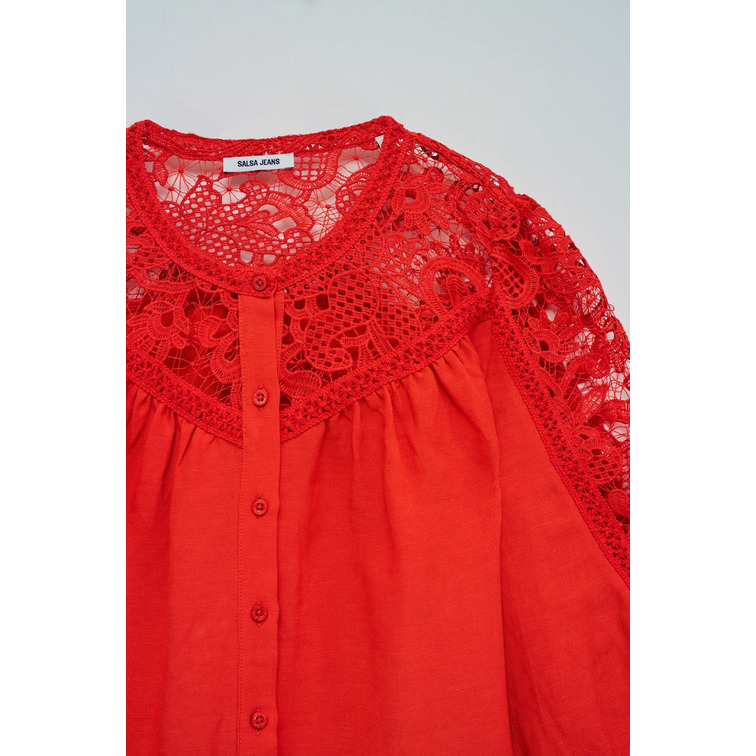 chemise femme  salsa jeans linen shirt with lace and ribb