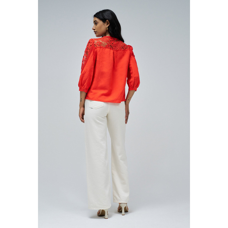 chemise femme  salsa jeans linen shirt with lace and ribb
