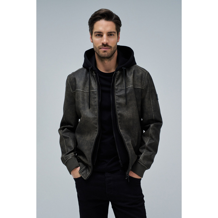 cazadora homme  salsa jeans hooded fake leather bomber jac