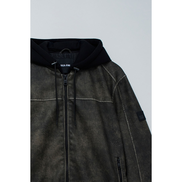 cazadora homme  salsa jeans hooded fake leather bomber jac