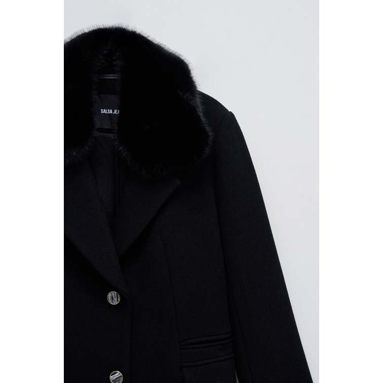 manteau femme  salsa jeans wool coat with faux fur collar
