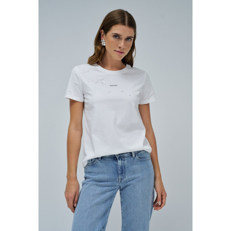 t-shirt femme  salsa jeans t-shirt w/ flower beads and se