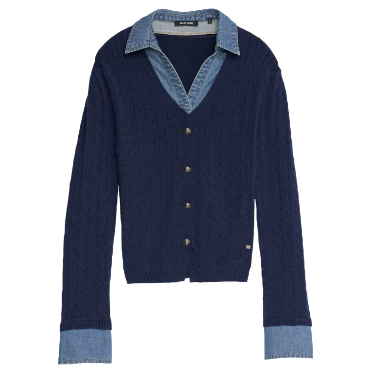 maillot femme  salsa jeans knit sweater with denim applic