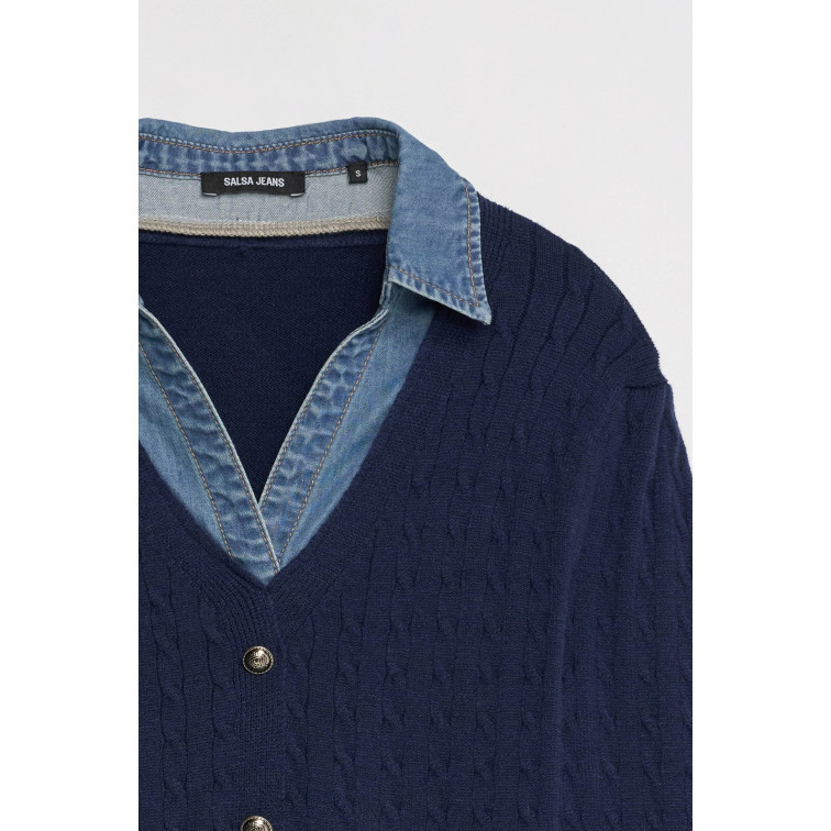 maillot femme  salsa jeans knit sweater with denim applic