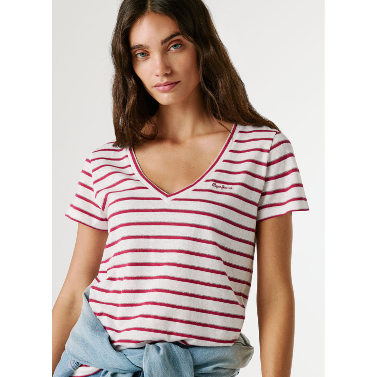 t-shirt femme  pepe jeans megan v neck striped