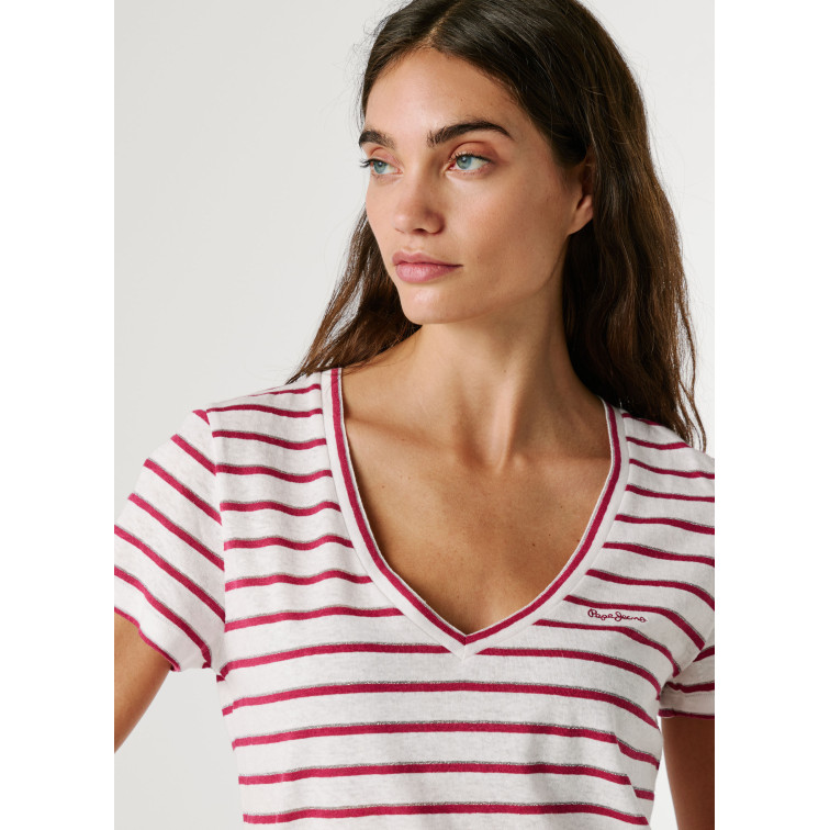 t-shirt femme  pepe jeans megan v neck striped